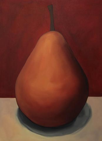 Painting of a pear with a red background