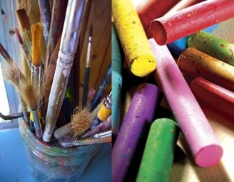 Colored pencils and paintbrushes.